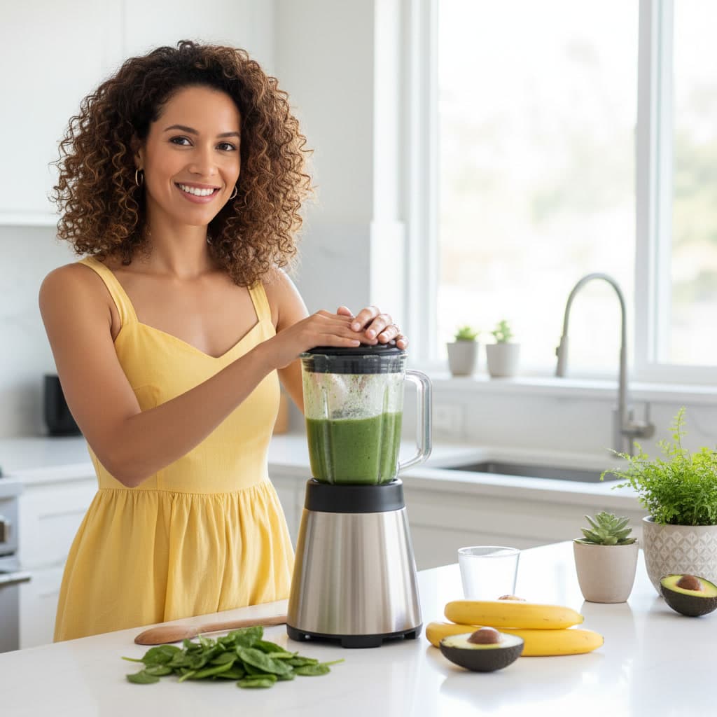 Woman mixing a green probiotic smoothie at home