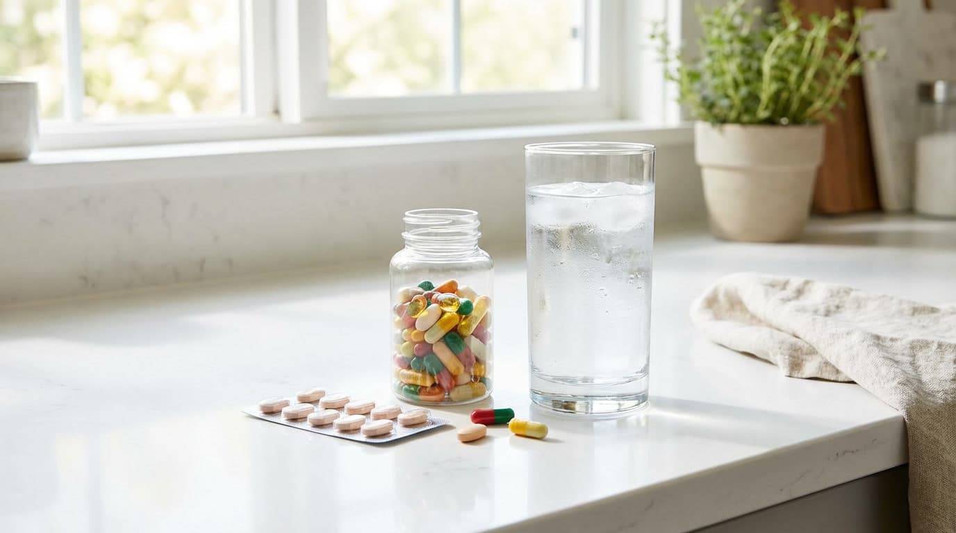 Vitamins and a glass of water on a clean kitchen counter