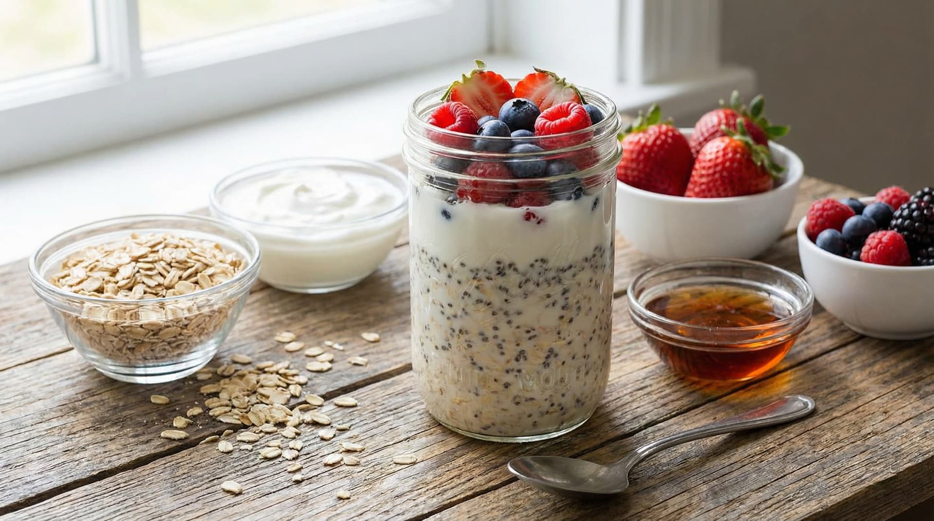 Overnight oats ingredients with berries and yogurt on a counter