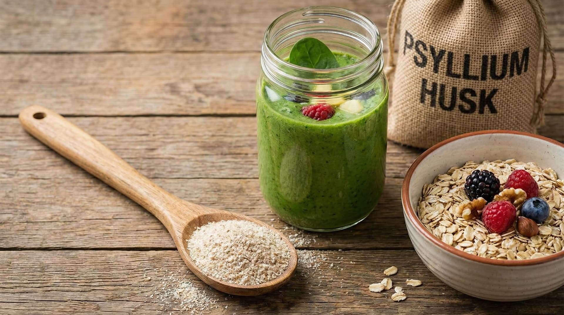 Spoon of fiber powder next to a smoothie and oats on a kitchen counter