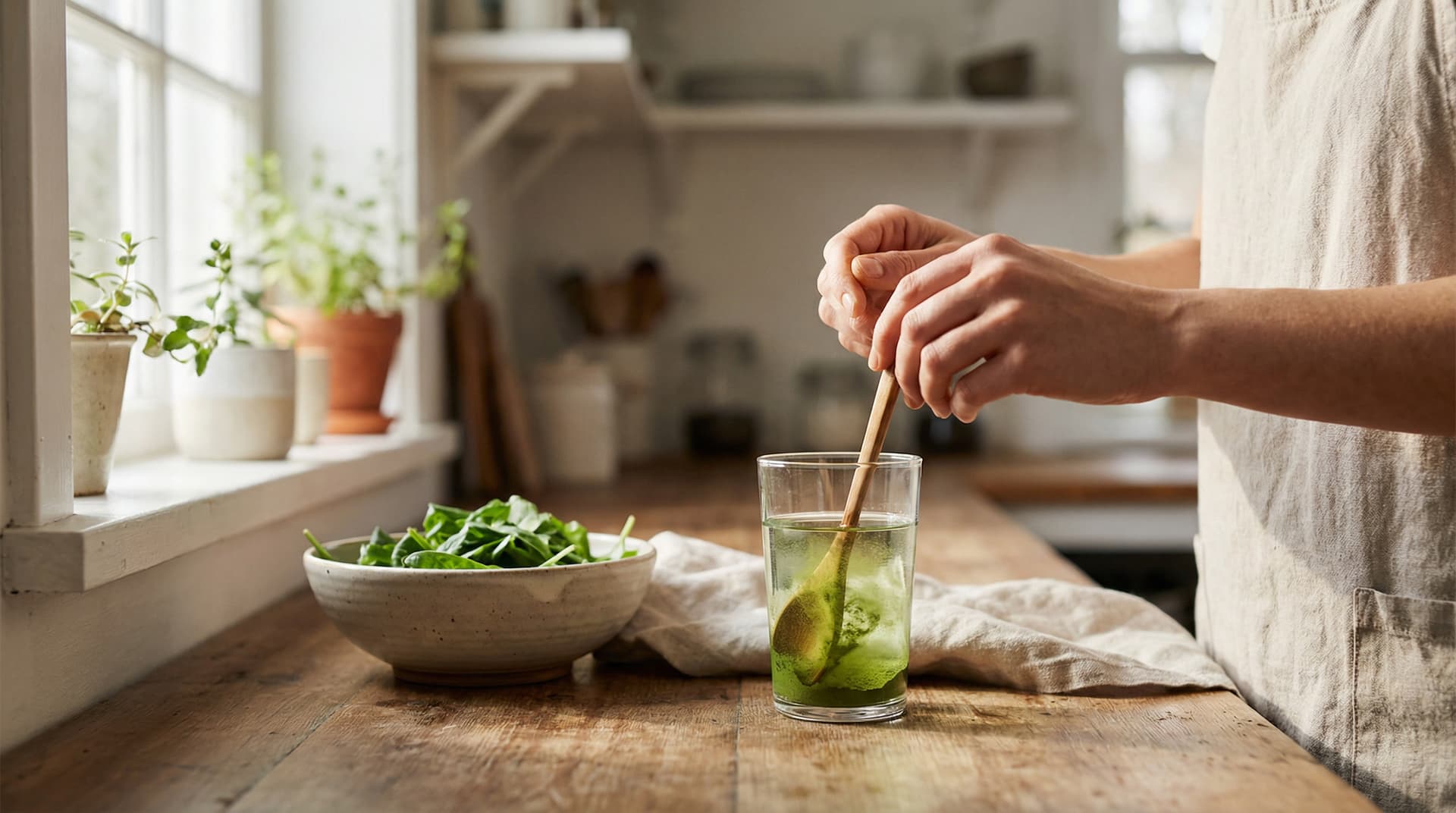 Person stirring greens into water at a kitchen counter. Natural light, minimal props, wellness vibe. Unsplash-style