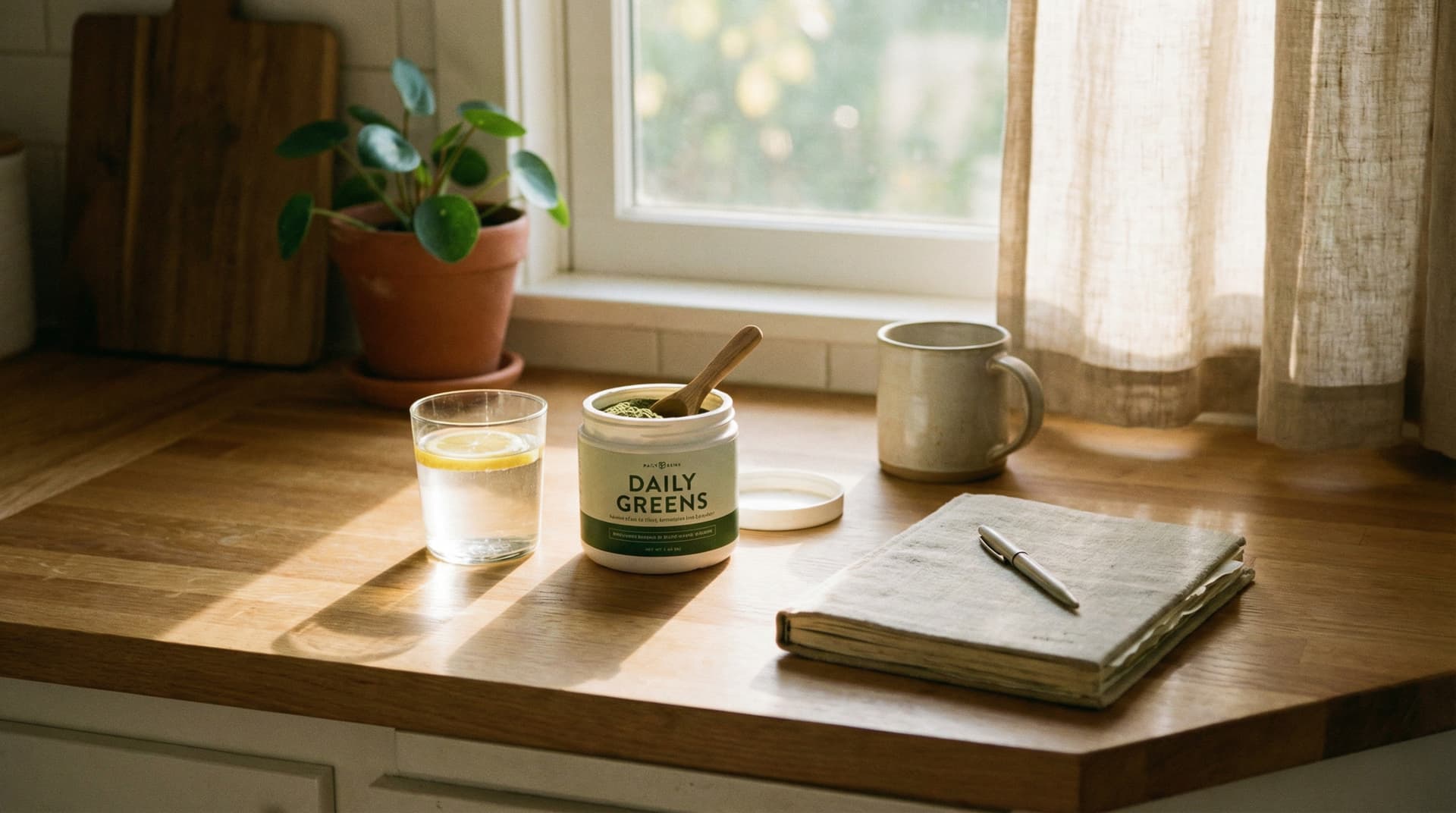 Calm morning routine—glass of water, greens powder container, notebook. Soft sunlight.