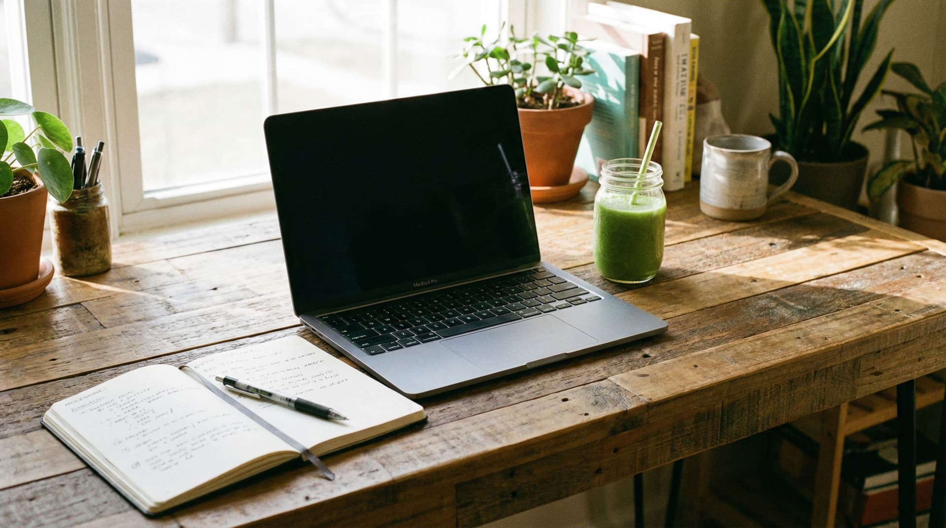  Focused workspace with a smoothie nearby—laptop, notebook, natural light