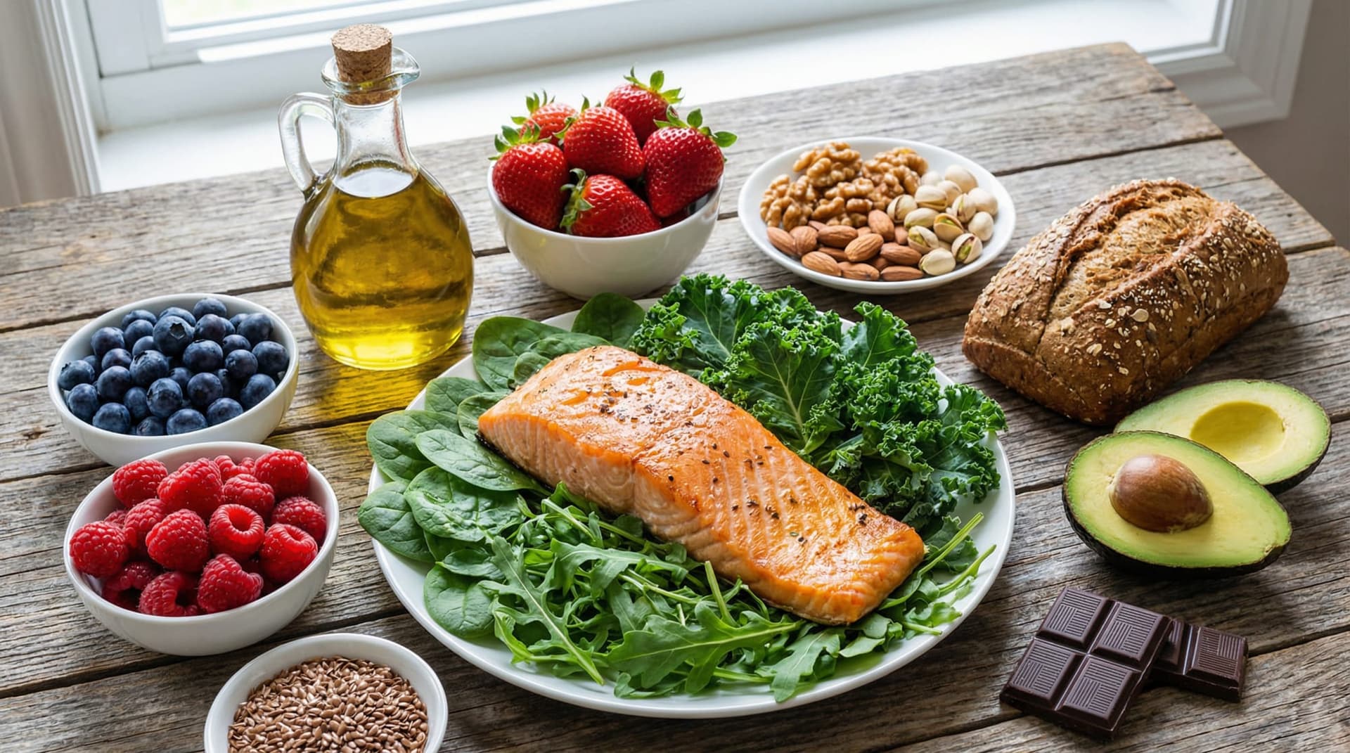 Heart-healthy foods including salmon, leafy greens, berries, olive oil, and nuts arranged on a table