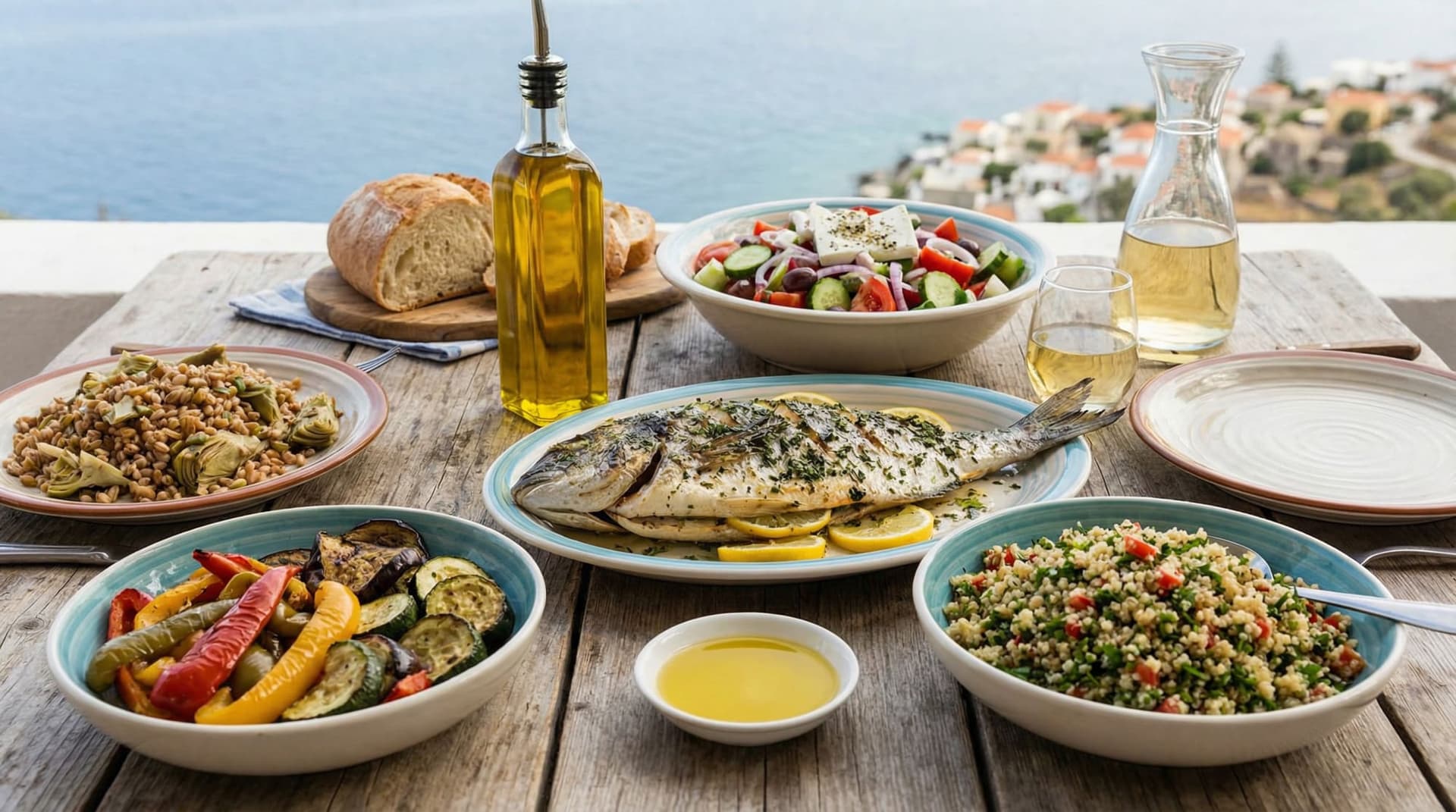 Mediterranean-style meal with fish, vegetables, olive oil, and whole grains on a table