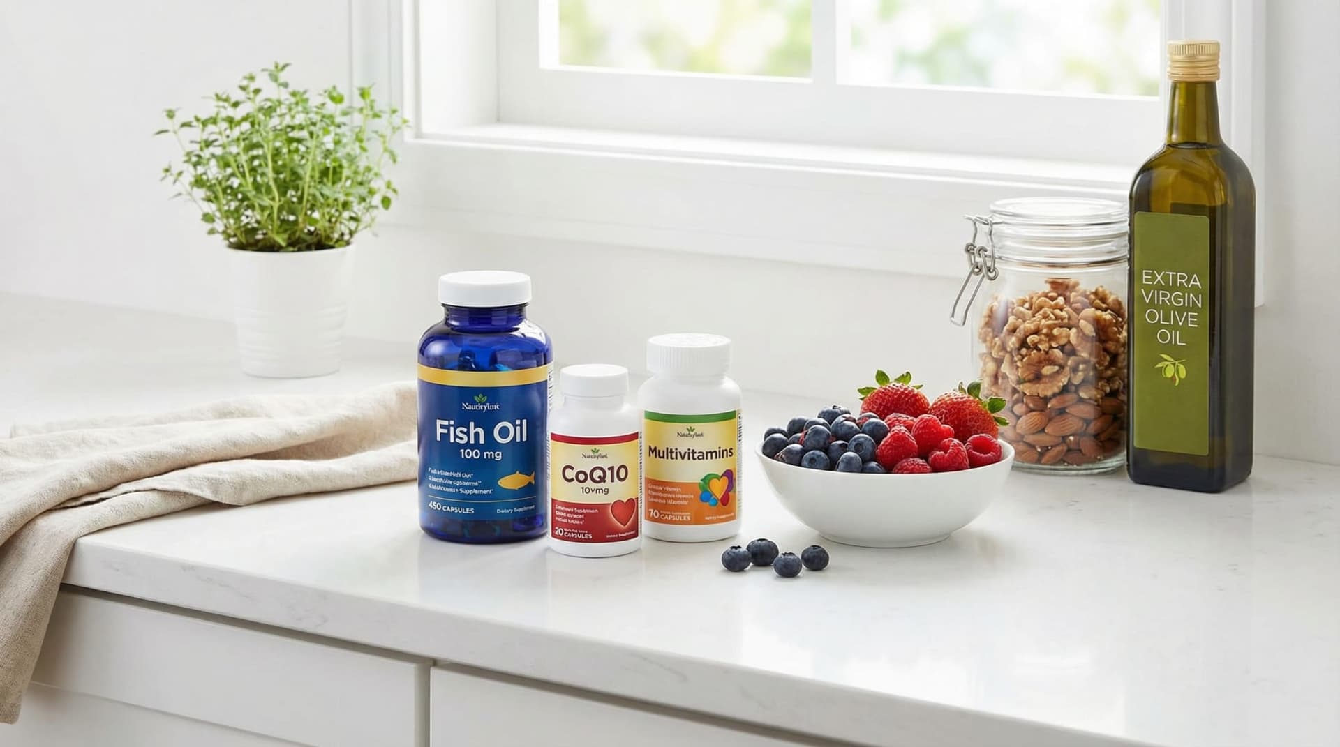 Supplement bottles next to berries, nuts, and olive oil on a clean kitchen counter