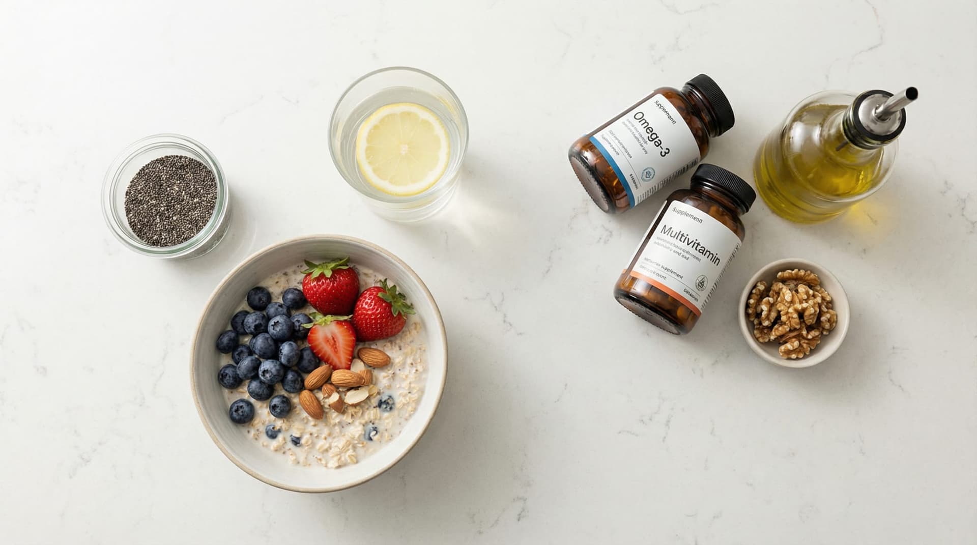 Overnight oats with berries, chia seeds, and a glass of water on a bright kitchen counter.