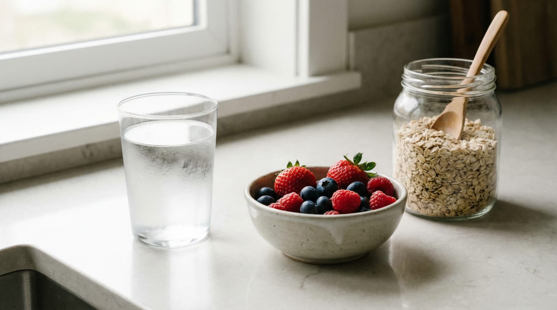 Glass of water next to berries and oats on a clean kitchen counter.