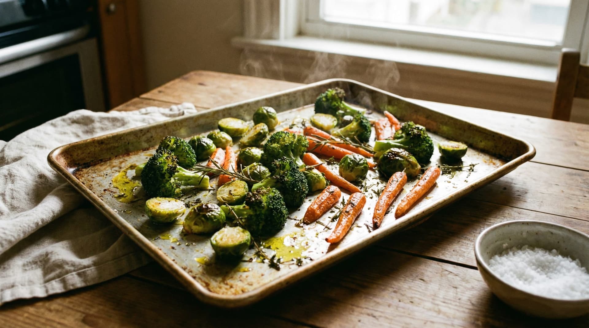 Roasted broccoli, carrots and Brussels sprouts on a sheet pan