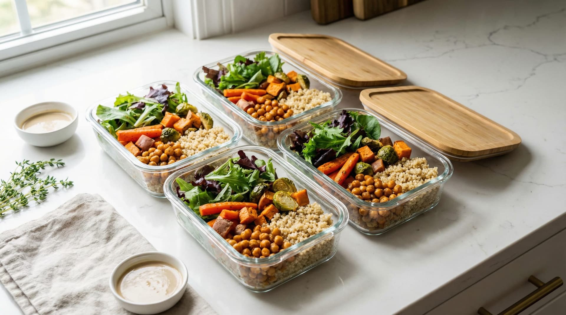 Meal prep containers with quinoa, chickpeas, roasted vegetables, and leafy greens.