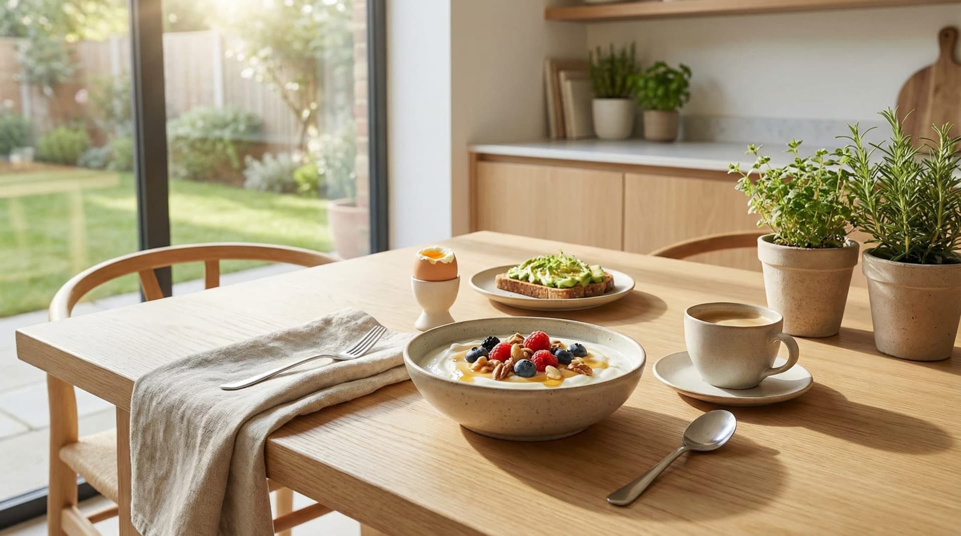 High-protein breakfast ingredients including Greek yogurt, eggs, and berries on a kitchen table