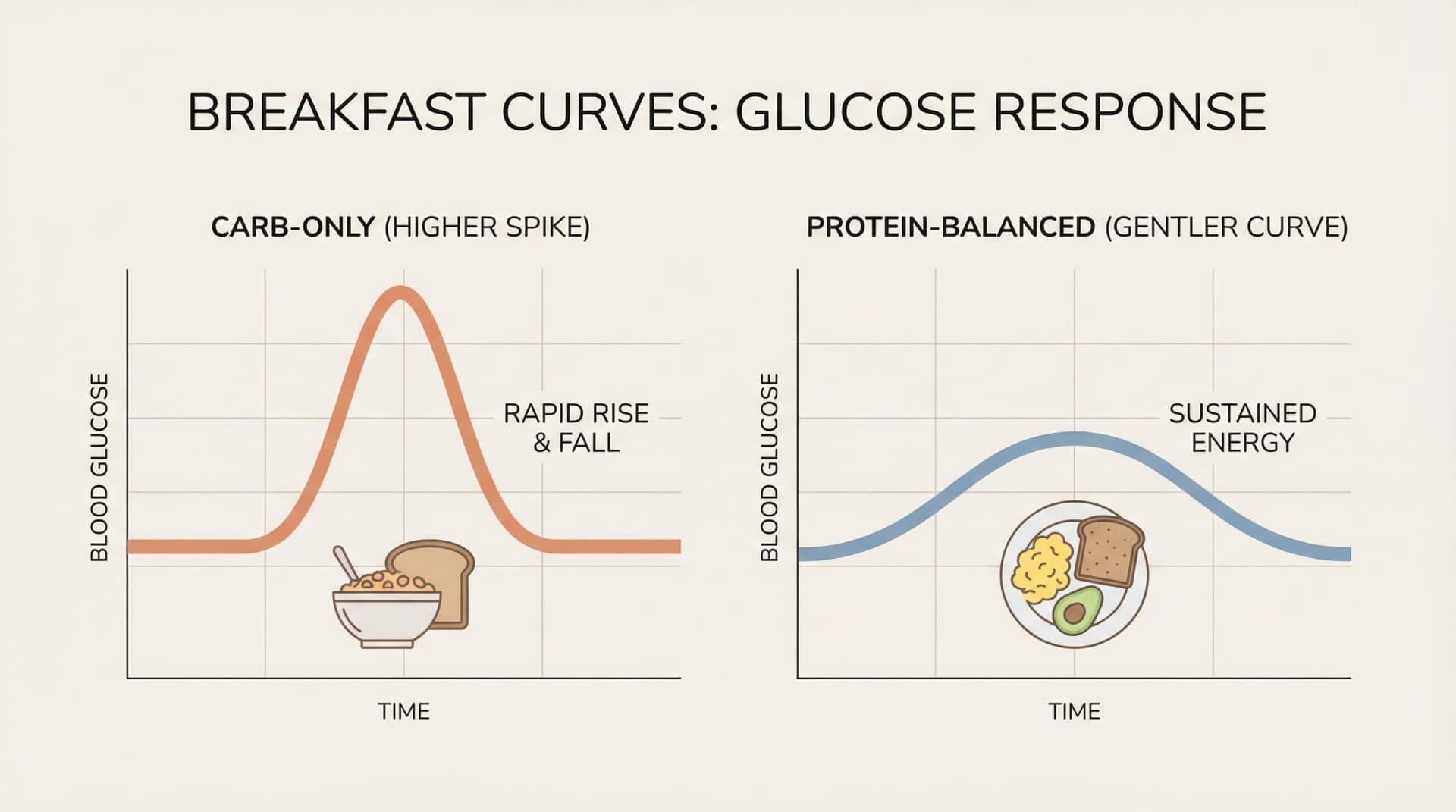 Comparison chart showing a higher blood sugar spike from a carb-only breakfast versus a steadier curve with protein
