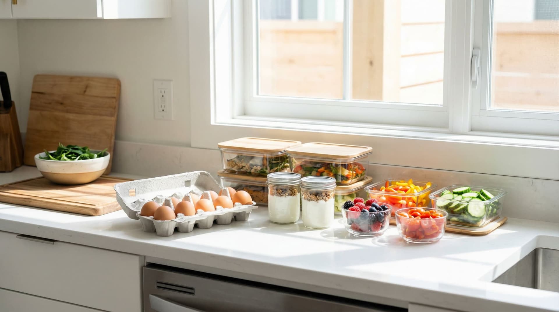 High-protein breakfast meal prep with eggs, yogurt, fruit, and vegetables in containers