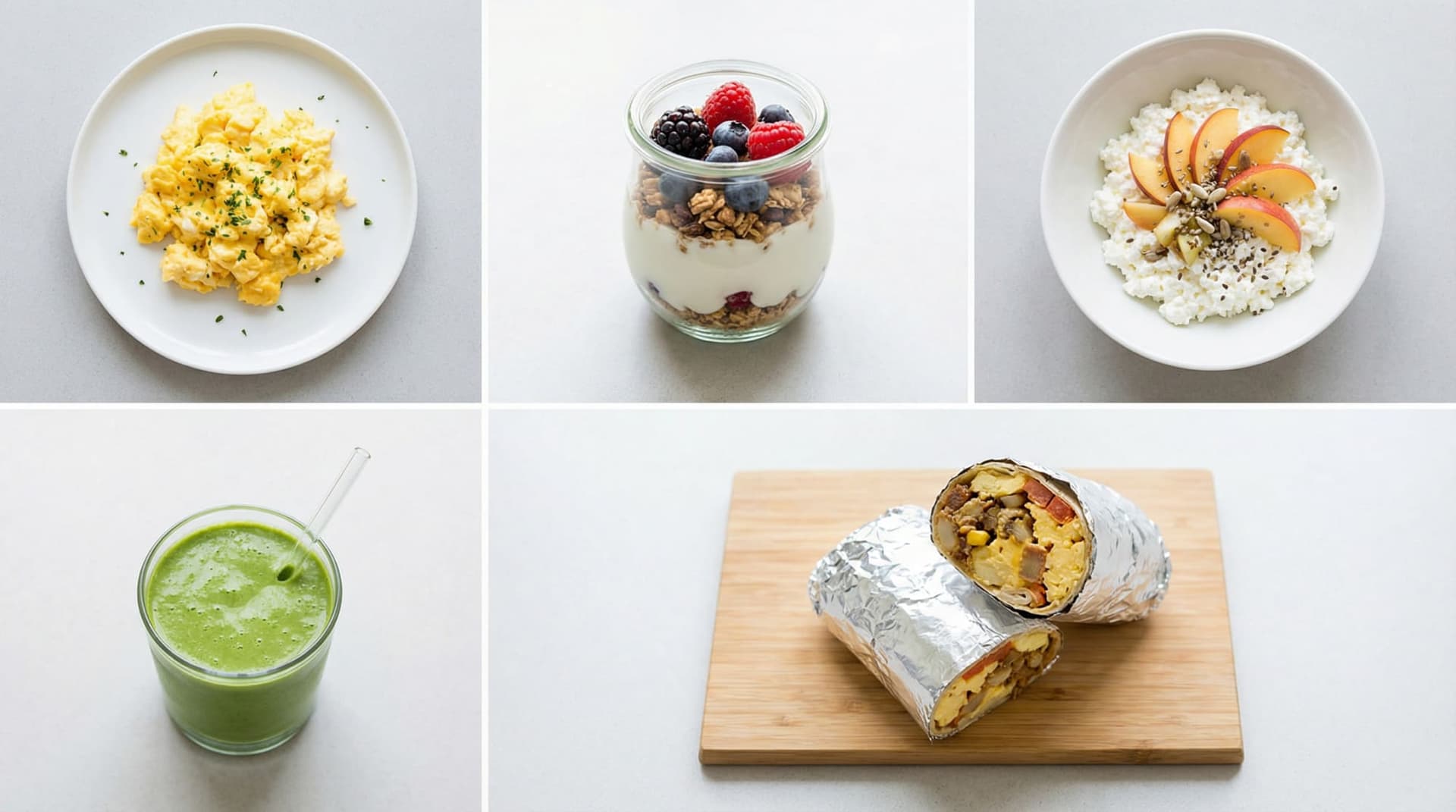 Five high-protein breakfast ideas including eggs, yogurt parfait, cottage cheese, smoothie, and breakfast burrito