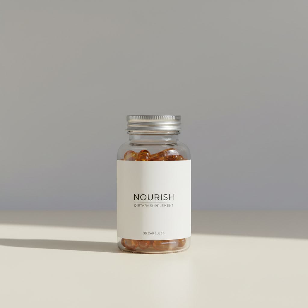 Minimal supplement bottle in a calm, neutral setting