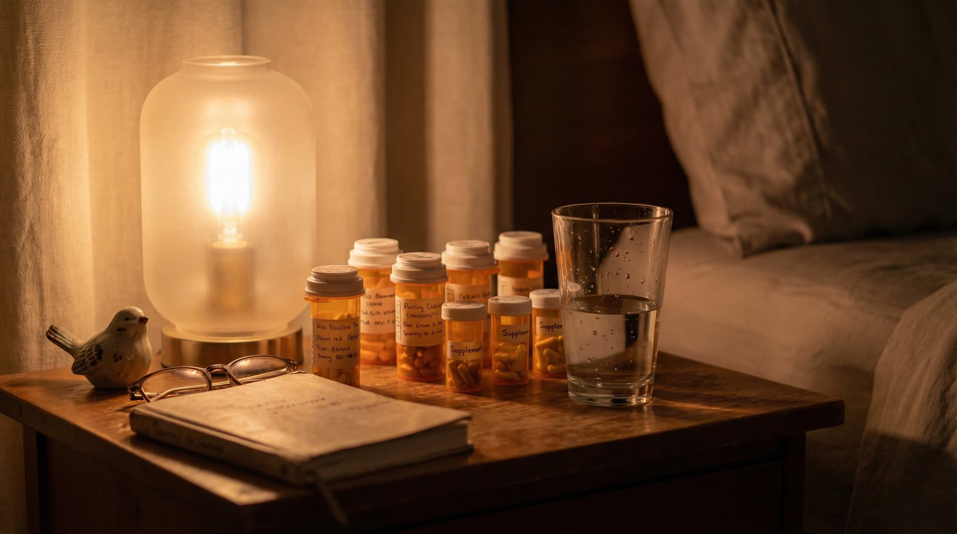 Supplements on a bedside table next to a glass of water and warm light