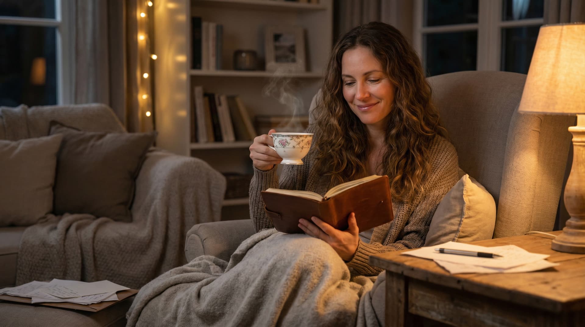 Relaxation routine: journaling with tea in soft evening lighting