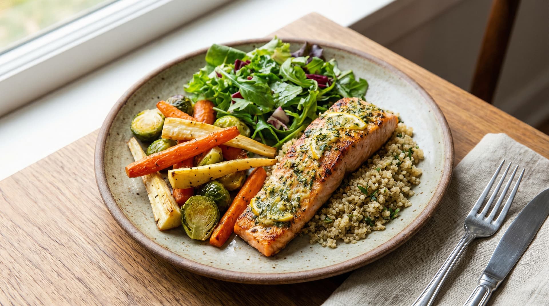 A balanced plate with vegetables, protein, and a simple carb